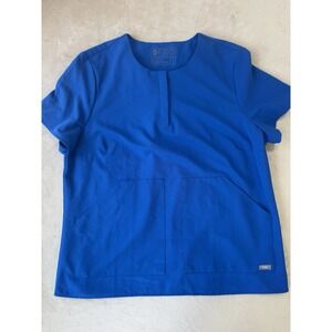 Figs Scrub Top Womens Large Blue Kasane Button Neck Two Pockets Technical